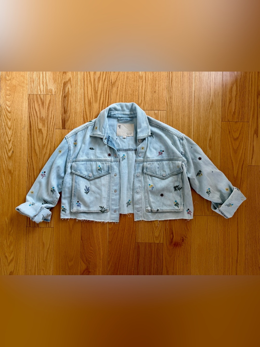 Pilcro Anthropologie Embroidered Floral Cropped Denim Jacket S